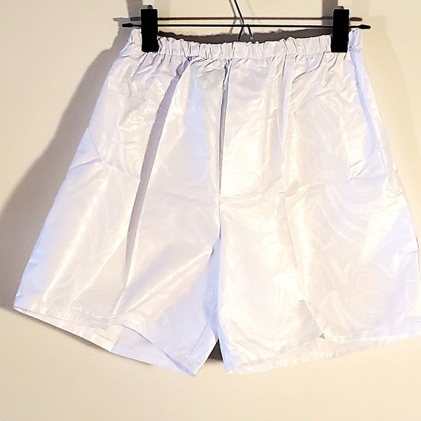 African Style Shorts! White Art-Print Fabric, Small Medium Large, Elastic Waistband, Kaimosi Kenyan Handmade, Imported for Charity!