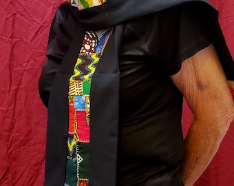 Black Wool Scarf With Cotton African "Crazy" Patchwork! Wild Colors, Cool Design, Warm for Winter, Kenyan Handmade, Imported for Charity!