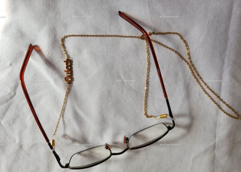 Chaîne de lunettes avec nom personnalisé, Chaîne de lunettes en or personnalisée, Chaîne de lunettes de soleil délicates, Chaîne de masques bohèmes, Chaîne de bijoux en or image 1