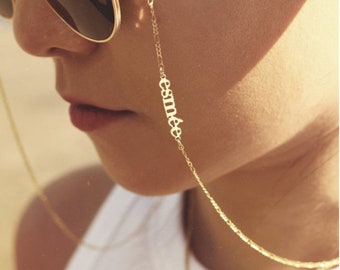 Personalisierte Name Brillenkette, benutzerdefinierte Gold Name Brillenkette, zierliche Sonnenbrillen Kette, Boho Gesichtsmaske Kette, Gold Ketten Schmuck