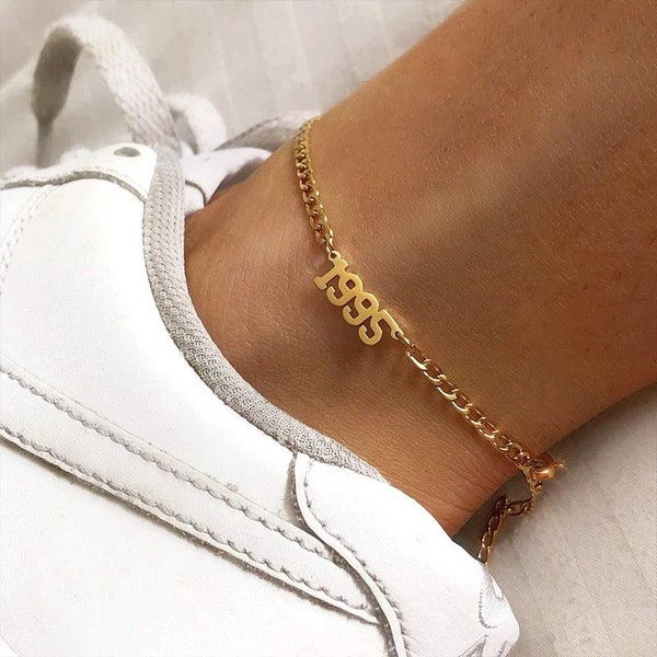 1980-1998 Birth Year Anklet Leg Bracelet Jewelry, Personalized Rose Gold Anklet, Customized Number Anklet, Birth Year Anklet For Women Gifts