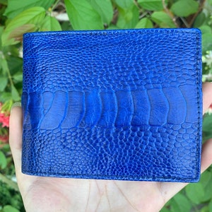 Blue Premium Authentique Cuir d’autruche Peau Portefeuille Bifold pour hommes, Portefeuille en cuir fait main, Cadeau pour lui, hommes portefeuille en cuir