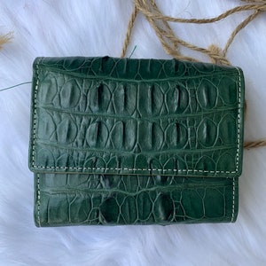 Carteira bifold de pele de couro genuíno Al-li verde premium masculina e feminina, carteira elegante para mulheres e homens