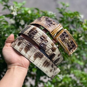 May include: Three brown and white crocodile skin belts with a gold buckle. The belts are stacked on top of each other.