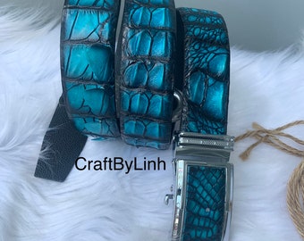 Blue Genuine alligator Leather Belt for Men, Mens handmade leather belt,hand stitched, made to fit your waist size