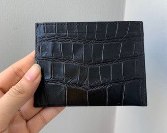 Tarjetero de piel auténtica Al-li negra, funda para tarjetas de visita, regalo para él, cartera de piel, tarjetero hecho a mano