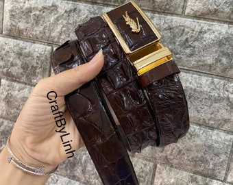 Handmade Brown Alligator Leather Belt, Hand Stitched Mens Belt