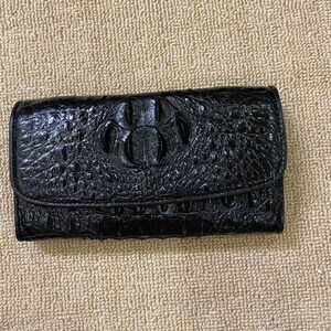 Carteira de embreagem de pele de couro genuíno Al-li preta premium masculina e feminina com 2 zíperes 100% feita à mão em pele Cro-co real