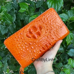 Premium Genuine Al-li Leather skin clutch wallet para hombre y mujer con 2 cremalleras 100% hechas a mano a partir de piel real de Cro-co