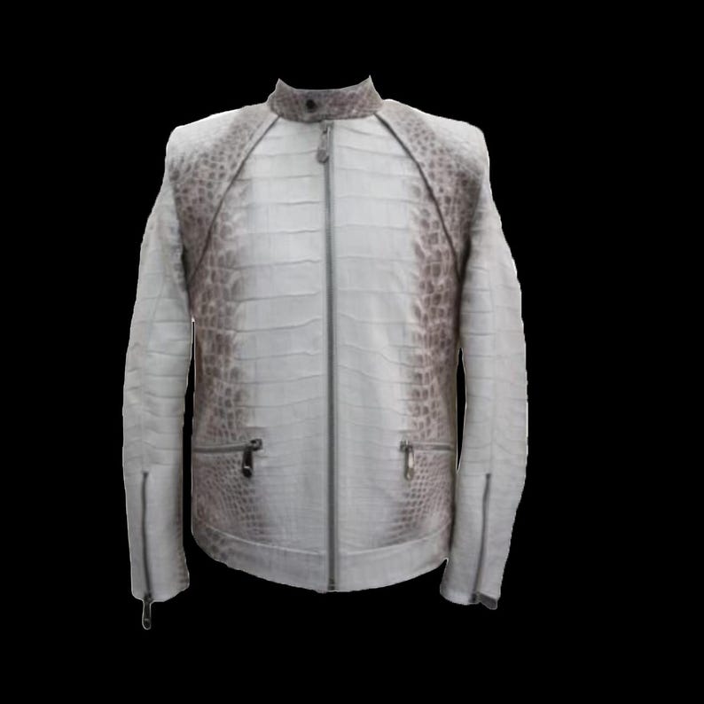 Puede incluir: Chaqueta de cuero blanca y gris con un patr&oacute;n de piel de cocodrilo. La chaqueta tiene cuello alto, cremallera completa y dos bolsillos con cremallera. Los hombros y la parte superior de las mangas presentan un patr&oacute;n gris m&aacute;s oscuro. Prenda de vestir exterior elegante.
