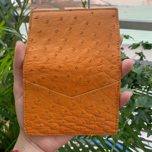 Puede incluir: Una peque&ntilde;a cartera de cuero naranja con un patr&oacute;n texturizado de piel de avestruz. La cartera tiene un cierre de solapa y un solo bolsillo.