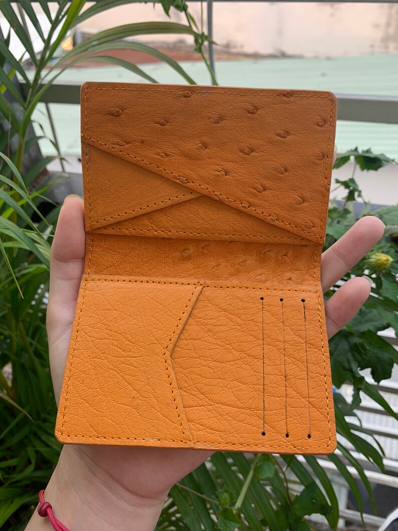 Puede incluir: Una cartera de cuero marr&oacute;n con m&uacute;ltiples ranuras para tarjetas y un cierre de solapa. La cartera tiene un patr&oacute;n texturizado de piel de avestruz.
