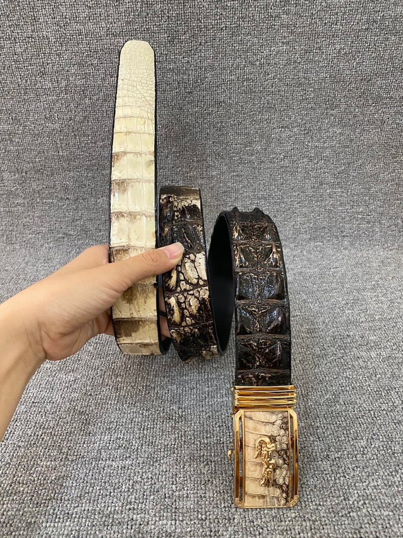 May include: Two crocodile leather belts with gold buckles. One belt is brown and the other is white. The buckle features a crocodile design.