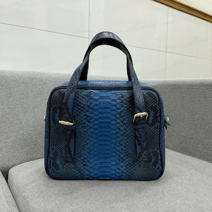 May include: A rectangular handbag featuring a blue and black snakeskin-patterned texture. The bag has two top handles, gold-toned metal hardware, and a structured silhouette with a zippered closure along the top edge and sides.
