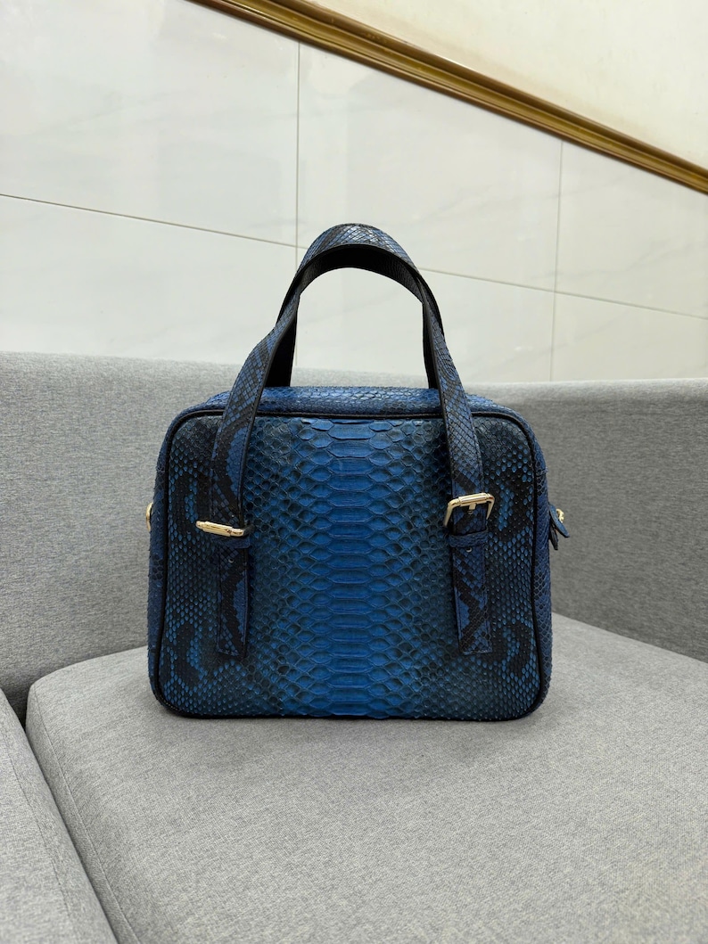 May include: A rectangular handbag featuring a blue and black snakeskin-patterned texture. The bag has two top handles, gold-toned metal hardware, and a structured silhouette with a zippered closure along the top edge and sides.