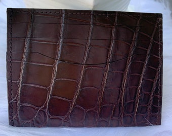 Tarjetero de piel de cocodrilo auténtica marrón, estuche para tarjetas de visita, regalo para él, cartera de piel, tarjetero hecho a mano