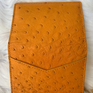 Puede incluir: Una cartera de cuero marr&oacute;n con cierre de solapa y un patr&oacute;n texturizado de piel de avestruz.