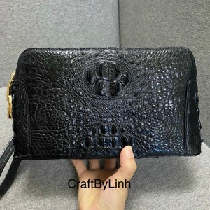 Premium Genuine Al-li Leather skin clutch wallet para hombre y mujer con 2 cremalleras 100% hechas a mano a partir de piel real de Cro-co