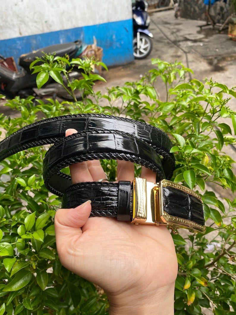 May include: A black leather belt with a gold buckle. The belt is made of crocodile skin and has a braided design.