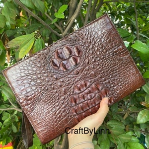 Genuina Al-li Piel de cuero clutch cartera para hombres y mujeres 100% hecha a mano de Cro-co real, bolsos Carteras Billeteras, Bolsas Ipad, regalo para él