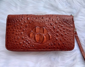 Brown Premium Genuine Al-li Leather skin clutch wallet men's and women's with 2 zippers 100% handmade from real Al-li skin