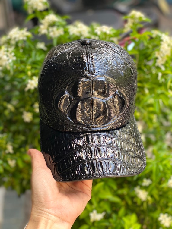 Black Genuine alligator hornback Leather Skin, Handmade cap,Handmade Leather Hat, Gift for him, leather wallet men,