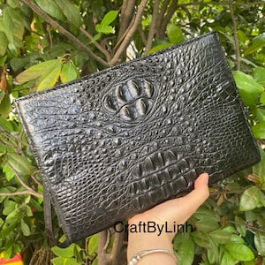 Carteira de couro genuíno Al-li, carteira masculina e feminina 100% feita à mão em Cro-co real, bolsas, carteiras, bolsas para Ipad, presente para ele