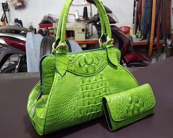 Green Genuine Al-li leather skin combo 2-bifold wallet/clutch and top handle bag, set for women-special set,gift for her/mather