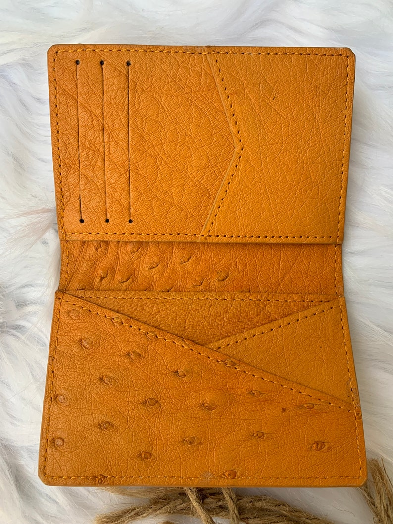 Puede incluir: Una cartera de cuero marr&oacute;n con m&uacute;ltiples ranuras para tarjetas y un portafolios. La cartera tiene un patr&oacute;n texturizado de piel de avestruz.