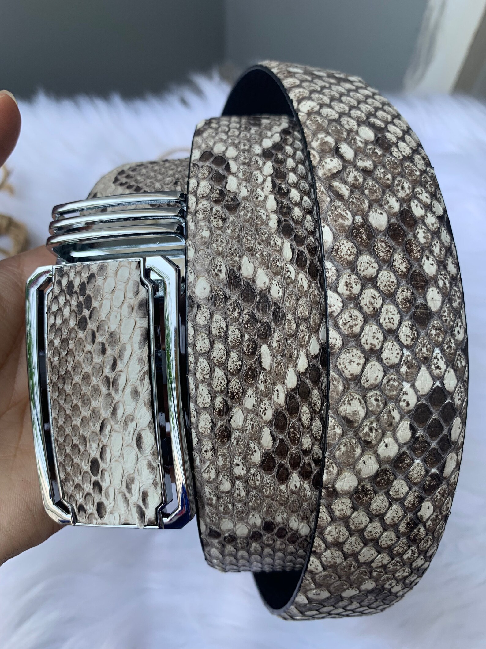 thumbnail image 2 of Genuine Python Leather Belt – Natural, Leather Lined, Handmade Men's Western Belt – Mexico 2 of 4