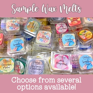 May include: Assortment of wax melts in clear plastic containers with various scents, including Cucumber Melon, 90's Breakfast, Sparkling Clean, Pink Dragonfruit, and Grey Sweats & Stepdaddies. The wax melts are labeled with the Catalyst Fragrance Co. logo.