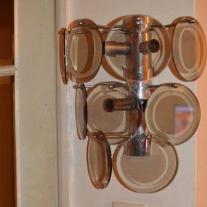 set di 3 applique in vetro di Murano Vistosi con dischi in vetro trasparente. Lampada Kalmar Era