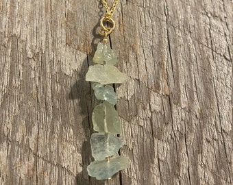 Raw Aquamarine Gemstone Hanging Bar Necklace on Tarnish Resistant 18k Gold Plated Chain (also available in silver) - March Birthstone