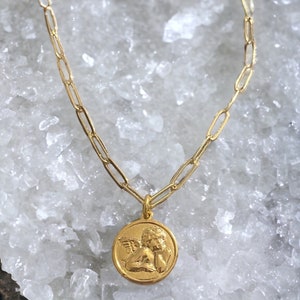 Gold Cherub Pendant Necklace on 14k Gold Filled Paperclip Chain (also available in silver)