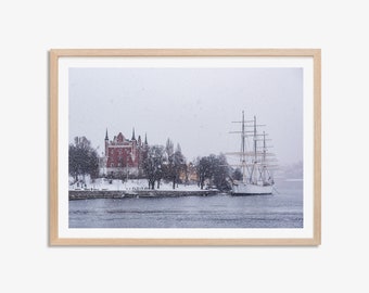 Stockholm Photo Print, Sweden Wall Art, Unframed Print,  Stockholm Poster, Snowfall, Nordic, Sailboat, Travel Photography, Multiple Sizes