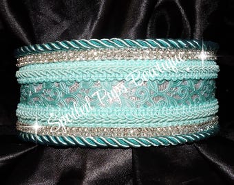 May include: A turquoise blue dog collar with a decorative silver and turquoise design, accented with rhinestones. The collar has the text "Spoiled Pups Boutique" on it.