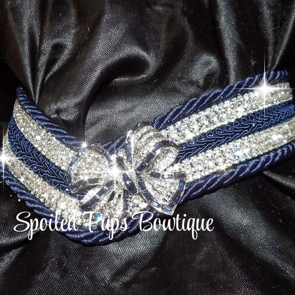 Navy and Silver Off Center Bow Rhinestone V Collar