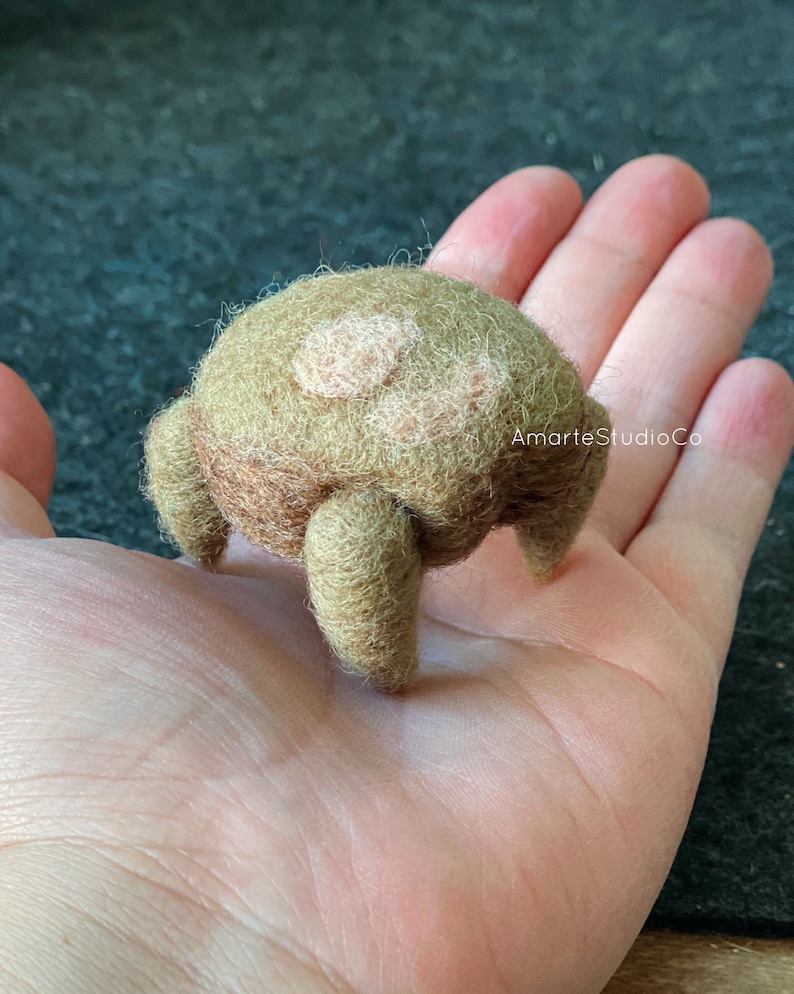 K&ouml;nnte beinhalten: Ein kleines, braunes und gr&uuml;nes Filztier mit zwei hellbraunen Flecken auf dem R&uuml;cken. Es hat vier Beine und steht auf einer Hand.