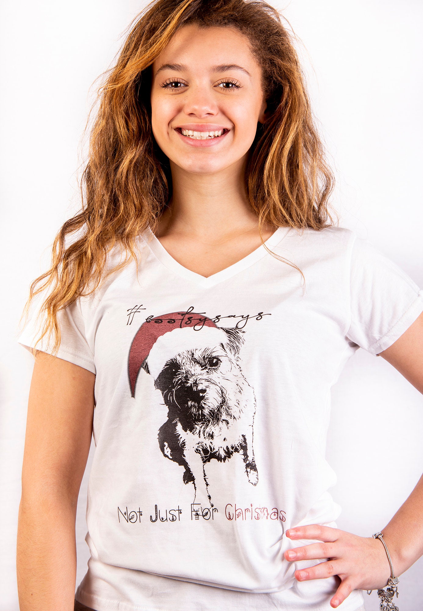 Border Terrier Christmas T-Shirt. White 