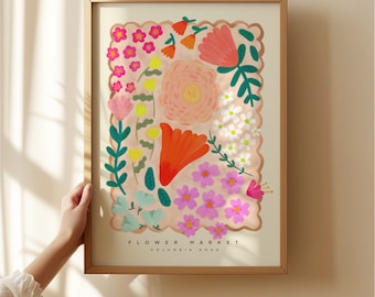 Blumenmarkt an der Columbia Road, handgezeichnete abstrakte Blumenzeichnung, Floraler Kunstdruck, Maximalist Art, buntes Wohndekor, rosa Haus, geblümt