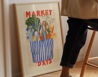 Hand Drawn Market Days Art Print: Colourful Fruit Market Decor, Vegetable, Stripes,