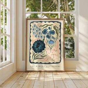 Le marché aux fleurs, dessin de fleurs abstraites dessinés à la main, impression d'art floral, impression d'art maximaliste, décoration d'intérieur colorée, décoration d'intérieur rose,