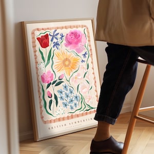 Été britannique, dessin de fleurs abstraites dessinés à la main, impression d'art floral, impression d'art maximaliste, décoration d'intérieur colorée, décoration d'intérieur rose,