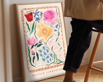 British Summertime Floral Art Print: Hand Drawn Colorful Flowers