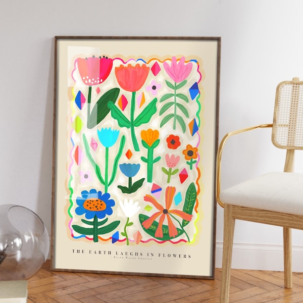 The Earth Laughs, Hand Drawn Abstract Flower Drawing, Floral Art Print, Maximalist Art Print, Colourful Home Decor, Pink Home Decor,