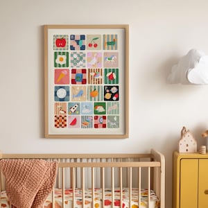 May include: A rectangular wall art print featuring an alphabet grid with twenty-six colorful squares. Each square displays a letter from A to Z paired with a corresponding illustration, such as an apple, cherry, dog, ice cream, and zebra.