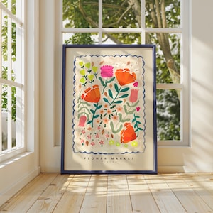 Marché aux fleurs de Pienza, dessin de fleurs abstraites dessinés à la main, impression d'art floral, impression d'art maximaliste, décoration d'intérieur colorée, décoration d'intérieur rose,