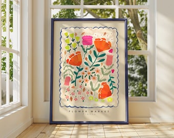 Kunstprint bloemenmarkt Pienza: handgetekende bloemendecoratie