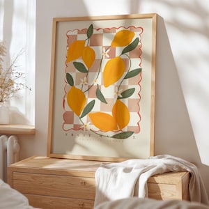 Mercado de limones a cuadros, impresión de limones dibujada a mano, impresión artística de frutas, impresión artística maximalista, decoración colorida para el hogar, decoración rosa para el hogar, impresión