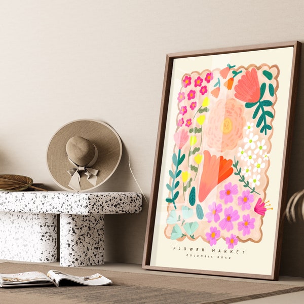 Flower Market Columbia Road, Hand Drawn Abstract Flower Drawing, Floral Art Print, Maximalist Art , Colourful Home Decor, Pink Home, Floral